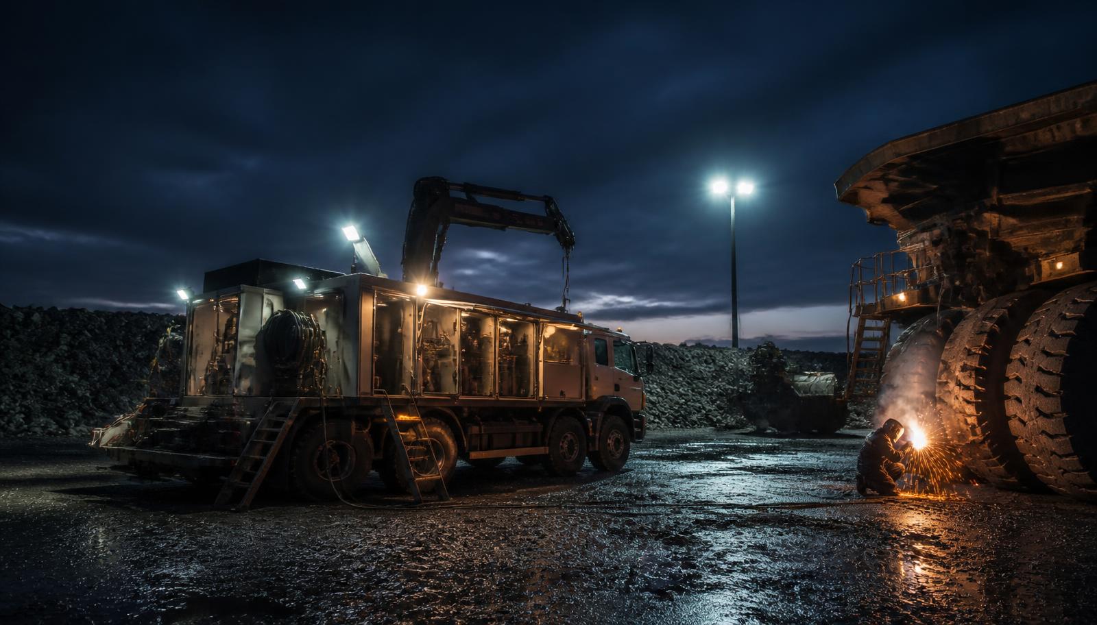 Camion de service équipé pour la soudure mobile sur un site industriel au crépuscule, image d'ambiance générique